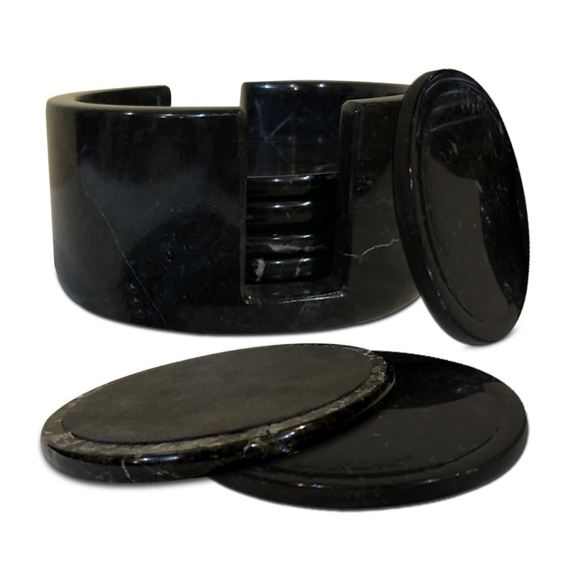 Marble Round 6 Piece Coaster Set, Black