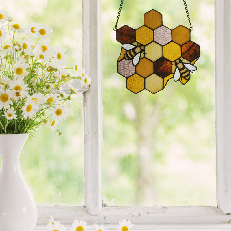 8.25"H Honeycomb Bees Tiffany-Style Window Panel