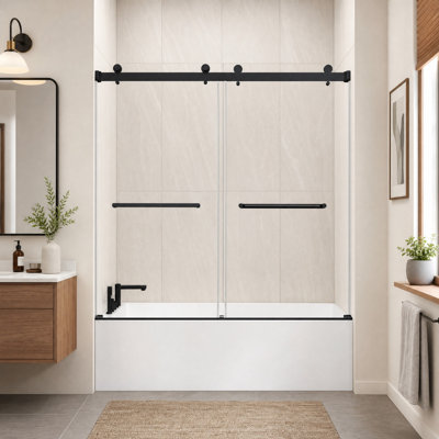 Porte de douche coulissante sans cadre pour baignoire de 140 à 152 cm de large x 152 cm de hauteur, avec pellicule nano anti-explosion