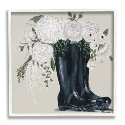 " White Flower Arrangement in Black Boots " Mixed Media Painting
