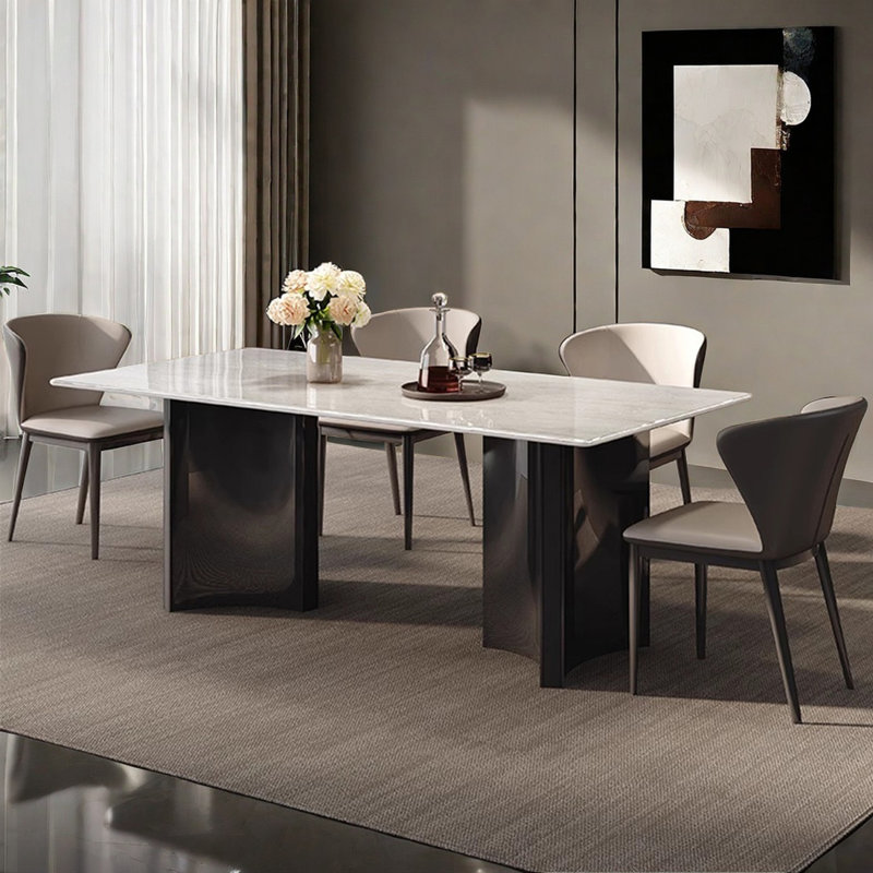 White Luxury Marble Rectangular  Dining Table Sets, 29.5"H x 55"L x 31.5"W, 7 Pieces: Table, 6 Chairs