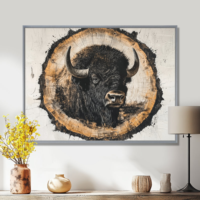 Tête de bison américain Mariluz sur bois, diapositive II - bison, art mural, H 12 po x l 20 po, Cadre flottant, Argent argent