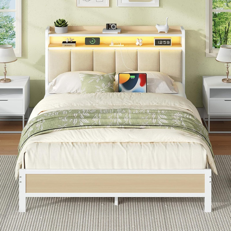 Bed Frame with Storage Headboard, Upholstered Platform Bed with Charging Station and LED Lights, Heavy Duty Metal Slats