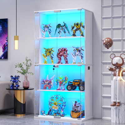Display Cabinet With Glass Doors, Lighted Display Case With 3 Color Lights, 4-tier Bookcase With Human Body Sensor