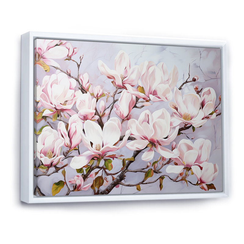 Fleurs de magnolia roses sur toile, Cadre flottant blanc, H 34 po x l 44 po x P 1,5 po
