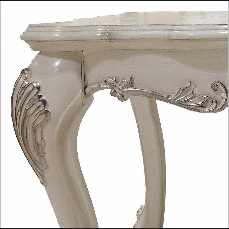 Bone White Square End Table with Intricate Carved Accents