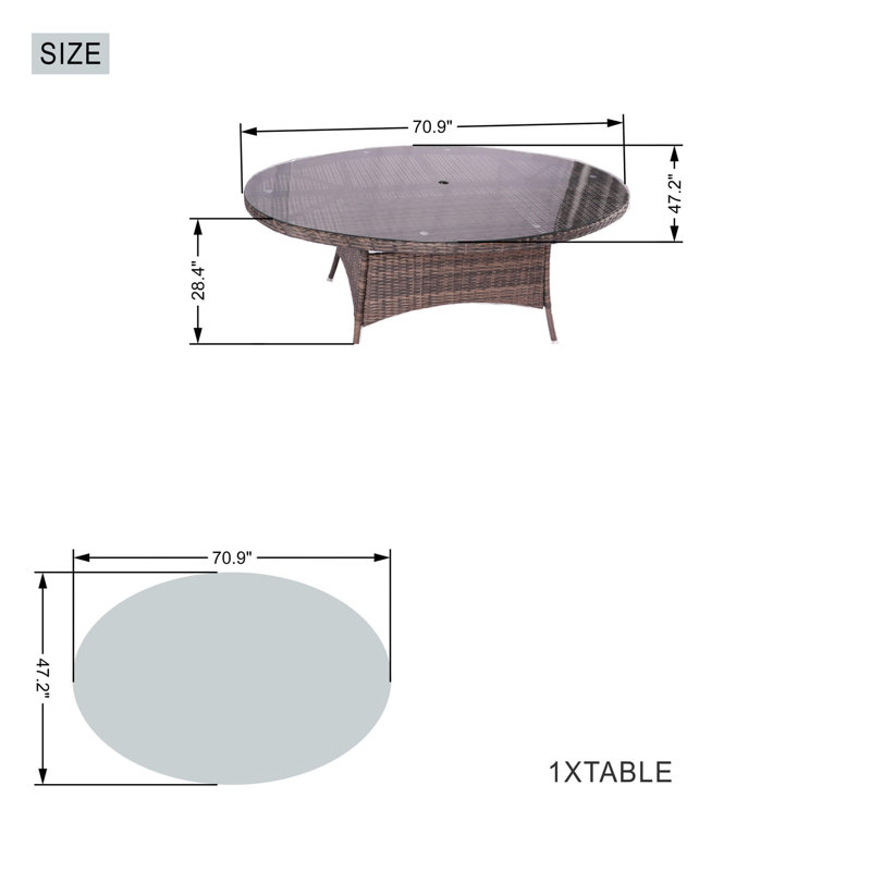 Ensemble repas d'extérieur 7 pièces avec table ovale en osier et coussins PE Ravenna, Beige/brun