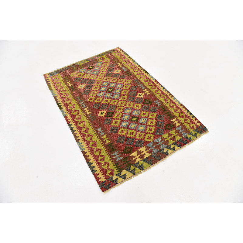 Tapis de zone en laine rouge/brun/vert 3 pi 3 po x 4 pi 8 po one-of-kind-noué la main Doorfield
