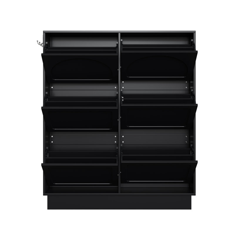 Armoire à chaussures noire moderne à bascule étroite - 6 tiroirs rabattables, conception compacte et tablette réglable avec 3 crochets argentés pour les couloirs sophistiqués
