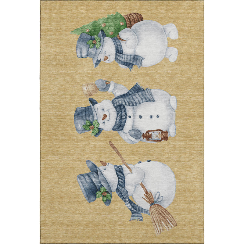 Premium Machine Washable Ingrassellino AMF1826 Happy Snowmen Holiday Rug, Rectangle 2'6" x 3'10"