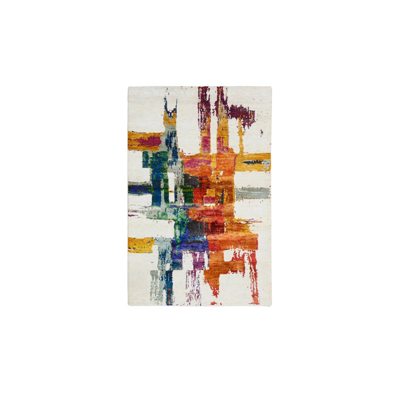 Tapis coloré en laine et en soie noué à la main à motif abstrait 71ABED591C0447290FD7F0923958C3B, Rectangle 3 pi x 5 pi