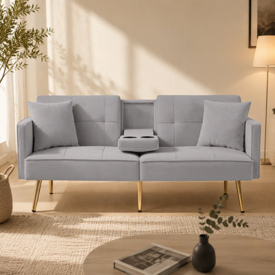 Versatile Grey Velvet Sofa Bed with Stylish Gold Metal Legs and Practical Features