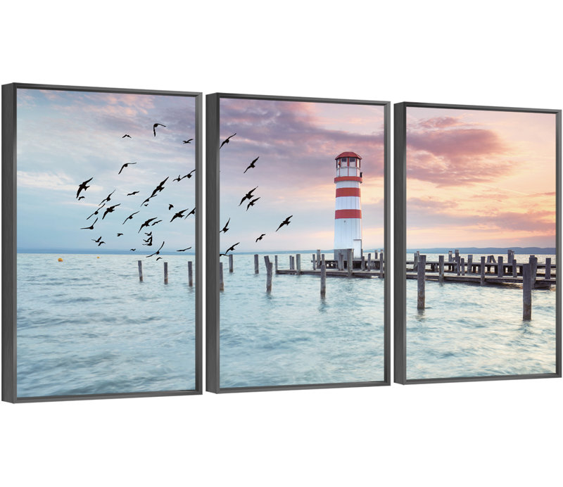 Bord de mer - Photographie flottante sur toile 3 pièces, H 48,3 po x l 72,9 po x P 1,65 po, Noir