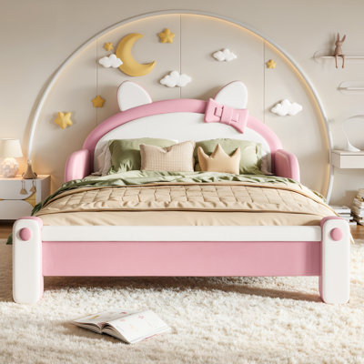 Lit plateforme rembourré pour enfant en forme de chat, style princesse, cadre de lit bas pour chambre, blanc et rose