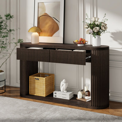 Console ovale cannelée avec deux tiroirs et tablette inférieure