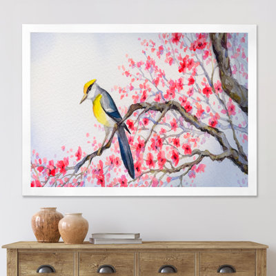 «Beautiful Red Bird on Flowering Branch II», peinture sur toile encadrée