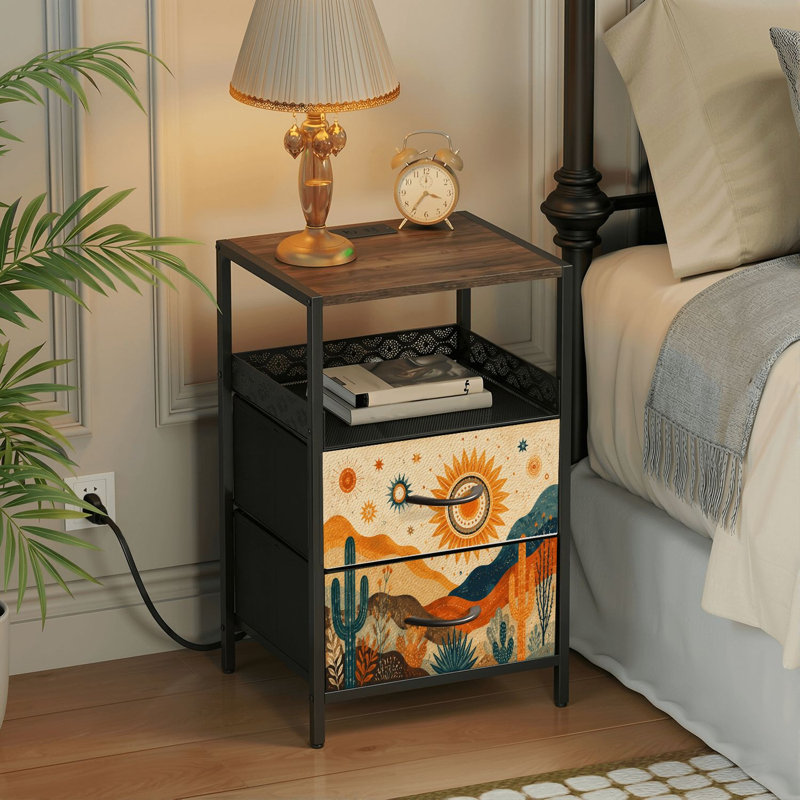 Table de chevet 2 tiroirs avec station de charge, table de chevet pour chambre à coucher avec ports USB, tablette ouverte noire, table de chevet avec paysage désertique boho