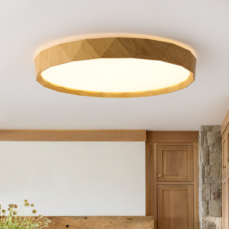 Nordic Round Dimmable Wood Grain Led Flush Mount, Natural