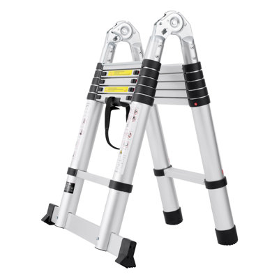 12.5ft Telescoping Extension Ladder A-Frame w/ Stabilizer Bar - Heavy Duty Aluminum Collapsible Multi-Purpose Ladder for RV & Home