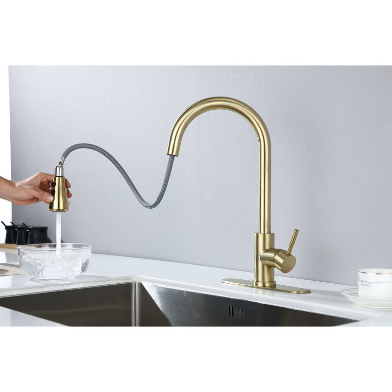 Brushed Gold Pull Out Spray Kitchen Faucet, Stainless Steel Construction Material, 360 Rotating Nozzle, Corrosion & Rust Trait