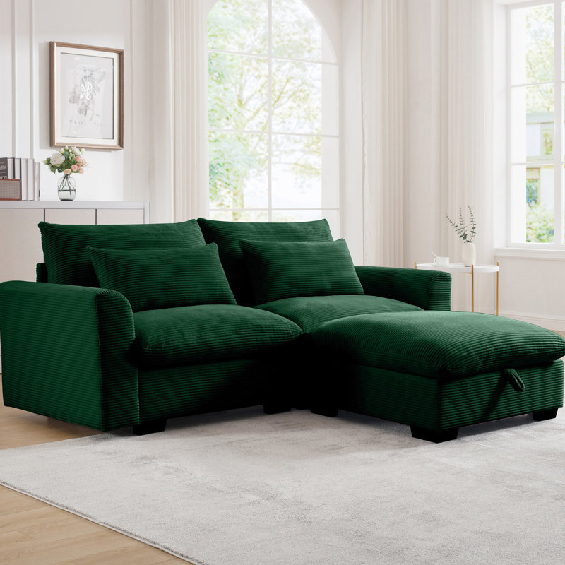 Salon moderne en velours côtelé avec rangement, 2 coussins de canapé confortables et des coussins ronds, Vert