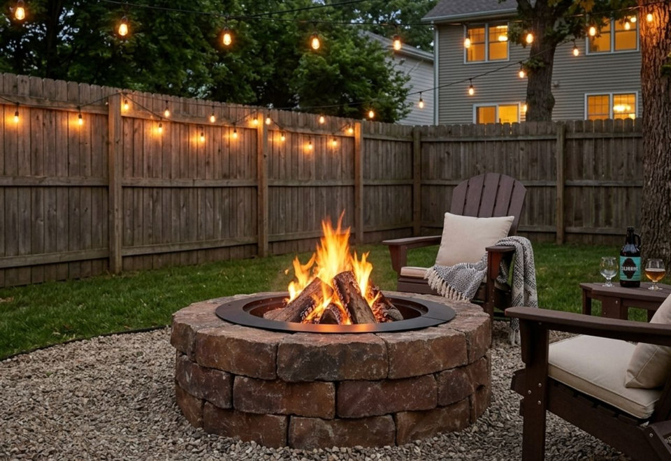Round stone fire pit with a roaring fire set in a cozy backyard patio area with string lights and outdoor chairs.