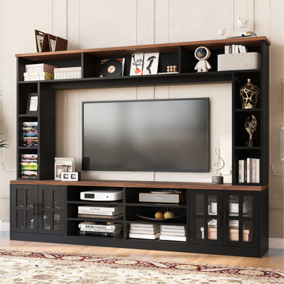 Meuble audio-vidéo l 95,5 po avec tablettes pour téléviseurs de 80 po ou moins, meuble télé avec armoires, portes en verre trempé et tablettes réglables