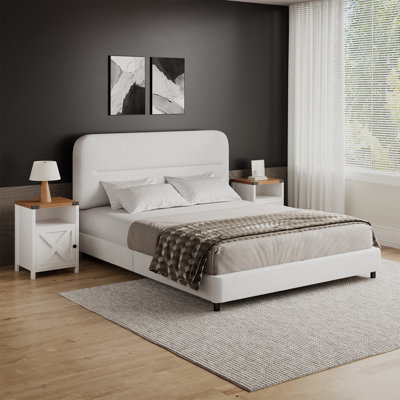 3 Piece Upholstered Bedroom Set,Bed Frame With Set Of 2 Nightstands