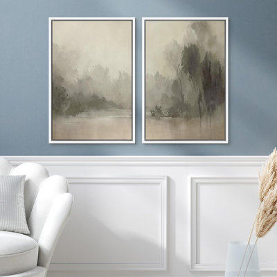 «Tranquil Nature Escape Misty Forest And River Landscape», art mural moderne, œuvre d'art, minimaliste, 2 pièces