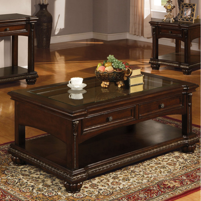 Table basse à 2 tiroirs Cawthon avec tablette inférieure, couleur cerise, bois, plateau de table en verre avec bord en bois, rectangulaire