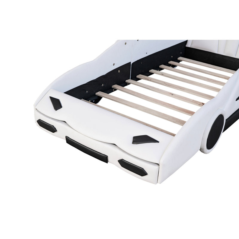 Lit plateforme simple avec forme de voiture de course et roues rotatives fonctionnelles, blanc - Option de chambre à coucher moderne et élégante en forme de voiture avec ajout d'écurie confortable