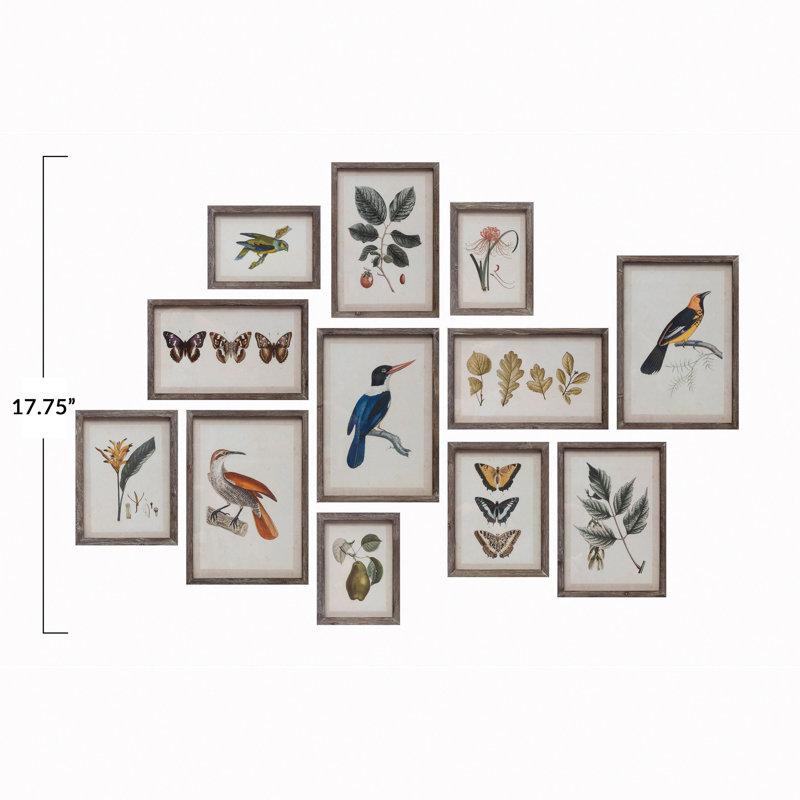 Eclectic Multicolor Bird and Botanical Wood Framed Wall Art Set