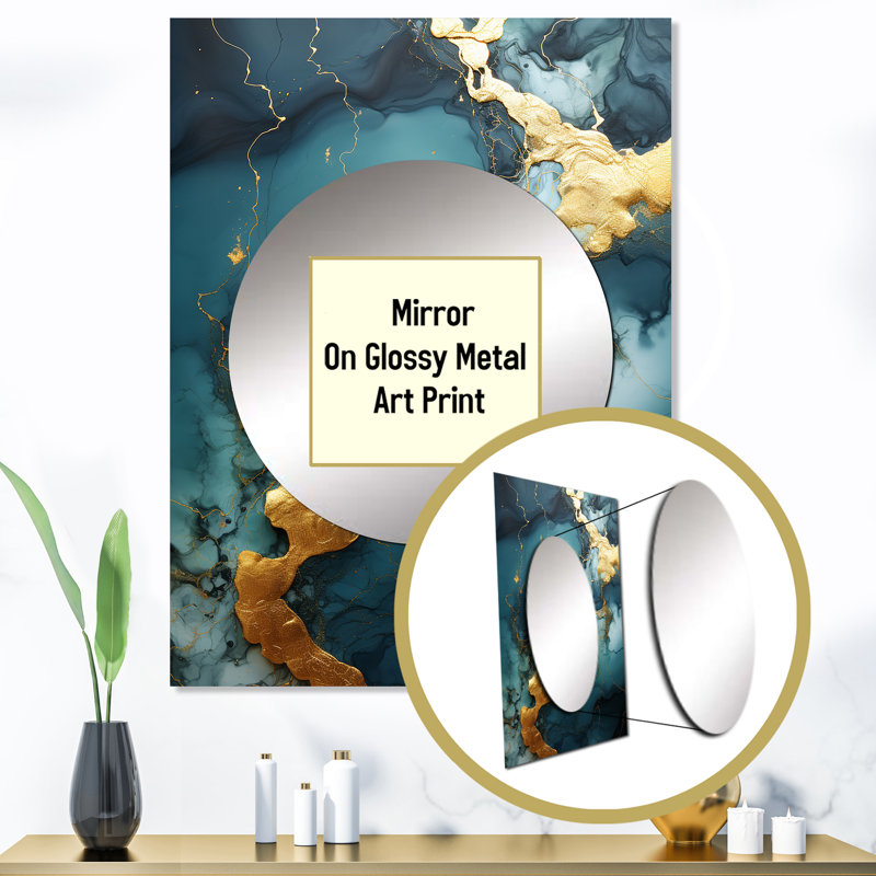 «Everli», or et vert abstrait marbre V - miroir mural en marbre, 40 po x 30 po