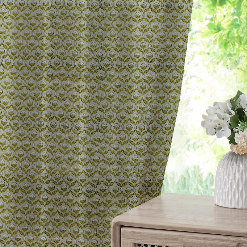 Handmade Curtain Green Floral Pattern Block Print Pinch Pleated Thick Linen Hook Drapes, Window Treatments Home Decorative 100% Blackout Curtains, Shehnaaz