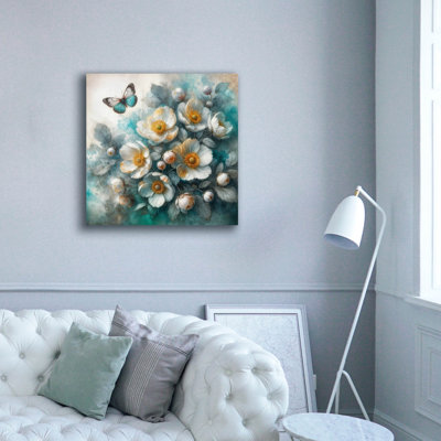  «Teal Flowers» par Rey Klimt, art mural sur toile, 37 po x 37 po