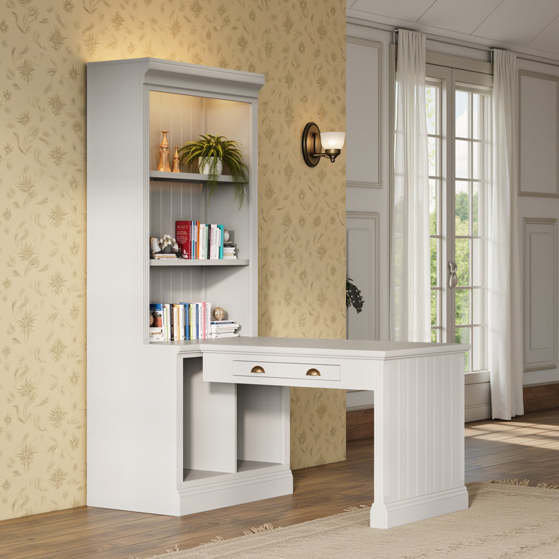 Solid Wood Writing Desk Bookcase Desk Combo with Drawer, Adjustable Shelf & LED Light