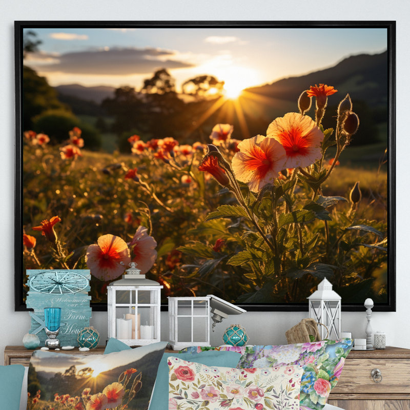 Hibiscus champ avec coucher de soleil I - décoration murale florale, Cadre flottant noir, H 24 po x l 32 po x P 1 po