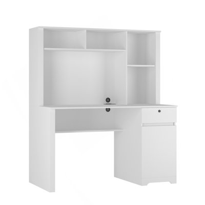 Bureau d'ordinateur avec huche et bibliothèque, bureau de direction en bois pour adolescents, bureau d'écriture pour ordinateur portable avec tiroirs, 3 prises CA et 2 ports de charge USB, table d'ordinateur portable pour la maison (blanc)
