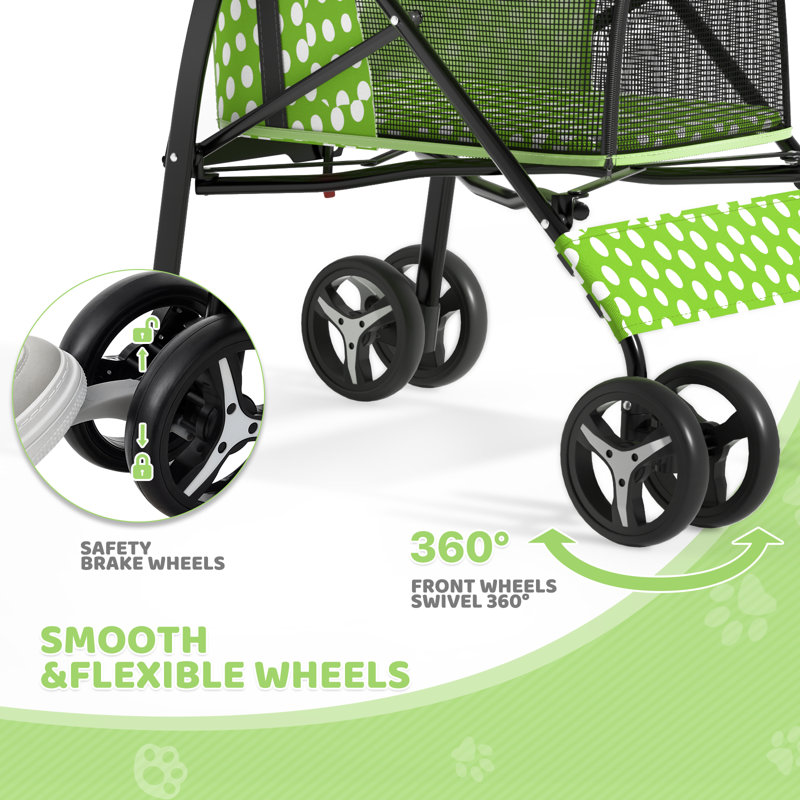 Lawn Green Polka Dot Foldable Pet Stroller with Mesh Windows