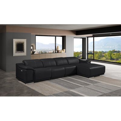 Canapé modulaire noir en cuir véritable 4 pièces faisant face à droite avec 1 fauteuil inclinable électrique et appuis-tête réglables
