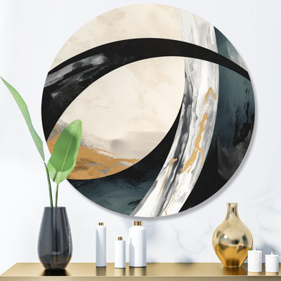 Black Gold Abstract Shapes Marble II - Abstract Marble Round Wall Art on Metal