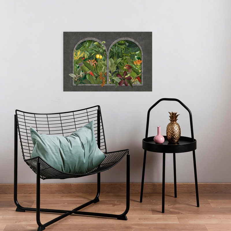 Perroquets de la jungle - Illustration abstraite d'oiseaux et de fruits de la forêt, H 16 po x l 24 po