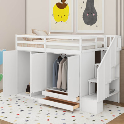 Twin Size Functional Loft Bed With 3 Shelves, 2 Wardrobes And 2 Drawers