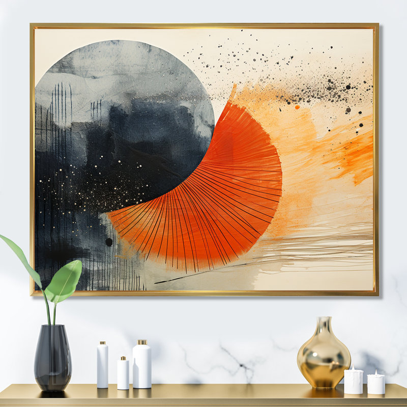 «Black and Orange Solar Eclipse», reproduction d'art murale abstraite, Cadre flottant doré, H 30 po x l 40 po x P 1,5 po