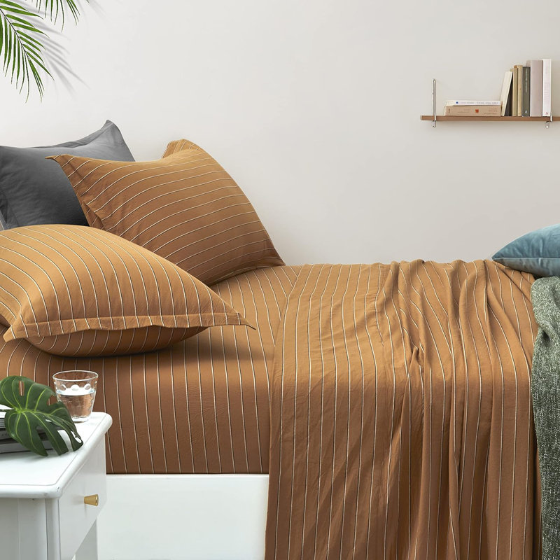 Dorella Cotton Percale Fitted Sheet Set 100% Cotton Percale Striped Sheet Set, Terra