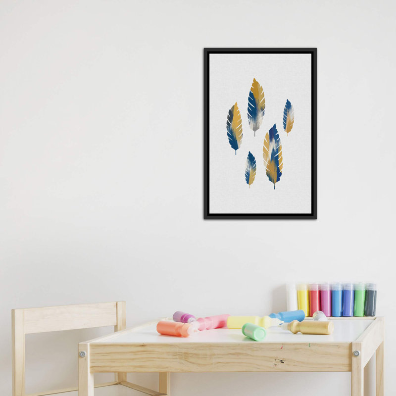 Feuilles bleues et jaunes - impression d'art graphique, H 26 po x l 18 po x 1,5 po, Toile avec cadre noir patiné