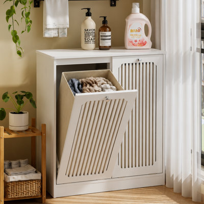 White Flip-Top Laundry Basket Cabinet with Louvered Doors, Double Fabric Hamper Storage Unit with Countertop, Tilt-Out Clothes Organizer