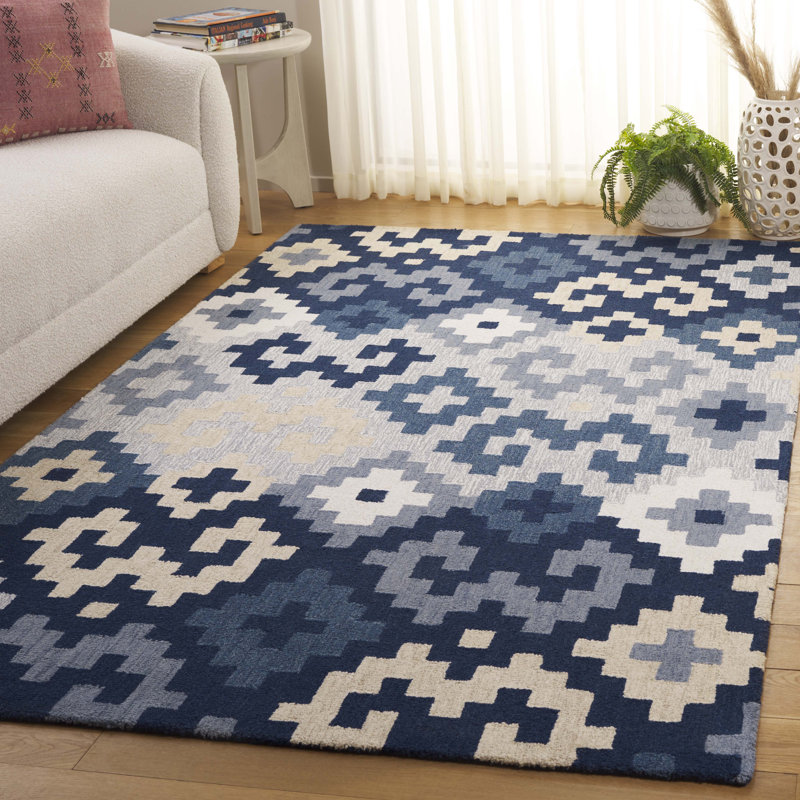 Laryiah Hand Tufted Wool/Cotton Southwestern Rug in Ivory/Blue, Rectangle 5' x 8'