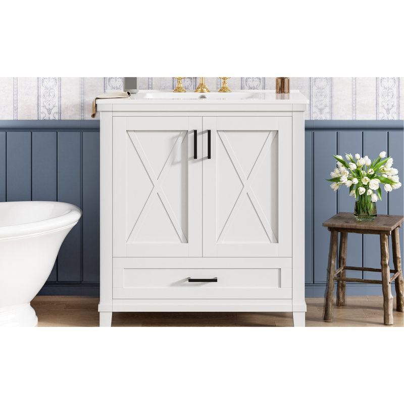 Meuble-lavabo transitionnel de 30 po, structure en bois massif, poignées en alliage de zinc, portes doubles à fermeture en douceur, tiroir cloisonné, meuble-lavabo à tiroir divisé silencieux de 30 po pour les petites salles de bain et lavabo en céramique, double rangement