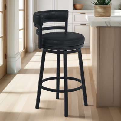 Deherrera Modern Swivel Counter or Bar Stool with Open Low Back and Footrest in Metal and Faux Leather